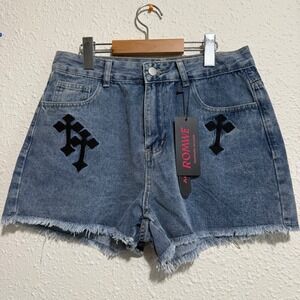 New ROMWE Chrome cross Denim Shorts M 6 38 Patchwork Frayed Hem Blue Jean Shorts